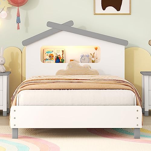 Merax Kids Mordern House Beds Frame with Motion Light Twin, Wood Low Bed for Boys,Girls, No Box Spring Need (Twin, White+Gray)