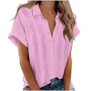cotton blouse for women 2023 casual women's business casual clothing loose comfy button down short sleeve summer top casual v neck work collared shirts pink xl