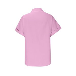 Cotton Blouse for Women 2023 Casual Women's Business Casual Clothing Loose Comfy Button Down Short Sleeve Summer Top Casual V Neck Work Collared Shirts Pink XL