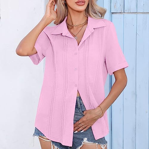 Cotton Blouse for Women 2023 Casual Women's Business Casual Clothing Loose Comfy Button Down Short Sleeve Summer Top Casual V Neck Work Collared Shirts Pink XL