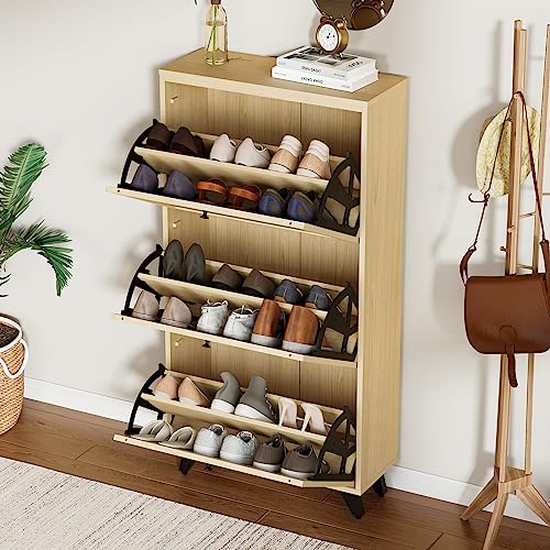 Cozy Castle Rattan Narrow Shoe Cabinet with 3 FILP Drawers, Freestanding Shoe Storage Organizer, Modern Shoe Organizer Cabinet for Entryway, Oak