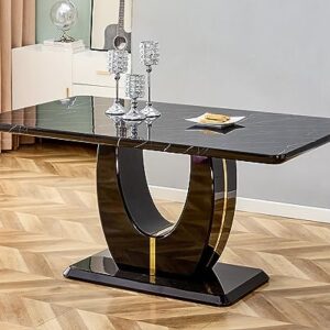 LKTART 63'' Dining Table Faux Marble Black Desktop for Kitchen Dining Living Room