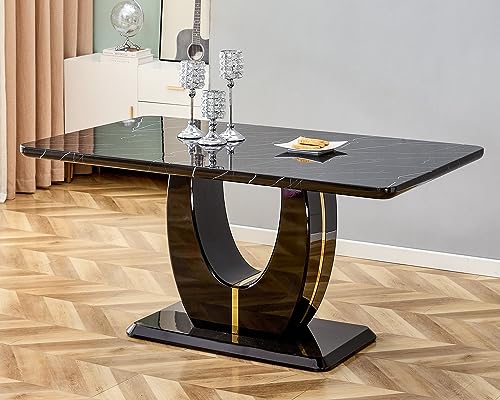 LKTART 63'' Dining Table Faux Marble Black Desktop for Kitchen Dining Living Room