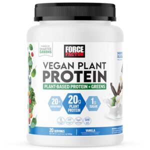 force factor vegan plant protein, plant-based protein + greens, greens powder with 20g plant based protein, digestive enzymes, and fiber, vanilla flavor, 20 servings (packaging may vary)