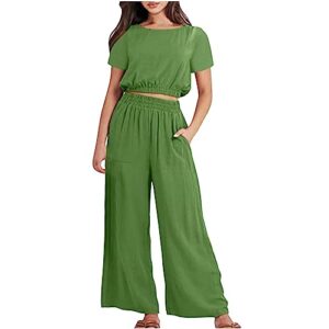 Sruiluo Women Solid Workout Tracksuits Casual Scoop Neck Crop Top Tee with Pockets High Waist Palazzo Pants Yoga Pilates