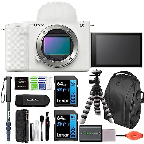 Sony ZV-E1 Mirrorless Camera (White) Bundle with Backpack, Monopod, Tripod, 2 x Lexar 64GB SD Card, & More