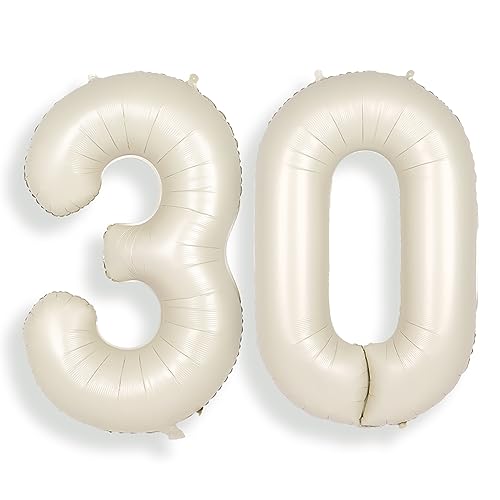 SUWEN 40 Inch Large Cream White 30 Balloon Numbers Big Foil Helium Number Balloons 0-9 Jumbo Happy 30th Mylar Birthday Party Decorations for Boy or Girl Anniversary Party Supplies