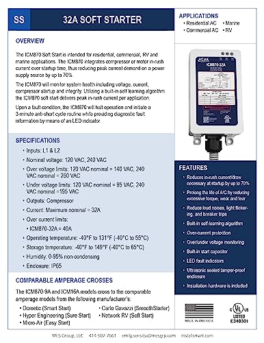 Home AC Soft Start, ICM 870-16A, Reduce Light Flicker & Breaker Trips, Built-in Start Capacitor, Over-Current Protection, for AC Units up to 3 ton, UL Listed, Easy Install