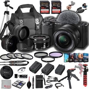 sony zv-e10 mirrorless camera with 16-50mm lens, 128gb extreem speed memory,.43 wide angle & 2x lenses, case. tripod, filters, hood, grip,spare battery & charger, editing software kit -deluxe bundle