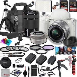 sony zv-e10 mirrorless camera with 16-50mm + 55-210mm lenses, 128gb extreem speed memory,microphone, 120 led video light, tripod, spare battery & charger (white)-deluxe bundle