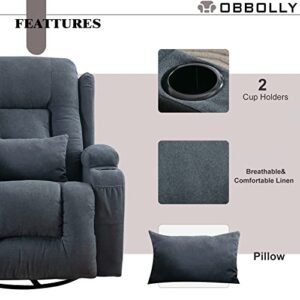 OBBOLLY Swivel Rocker Recliner Chair with Massage, Manual Glider Rocking Recliner Chair, Wingback Design 360° Swivel Chair with Lumbar Pillow, Cup Holders for Living Room (Single, Blue Grey-Linen)