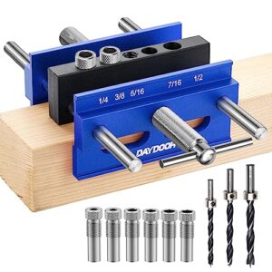 daydoor wide capacity self centering doweling jig kit, adjustable width dowel jig for woodworking, 6.7inch centering jig for straight holes biscuit joiner set with 6 bushings and 3 drill bits(blue)