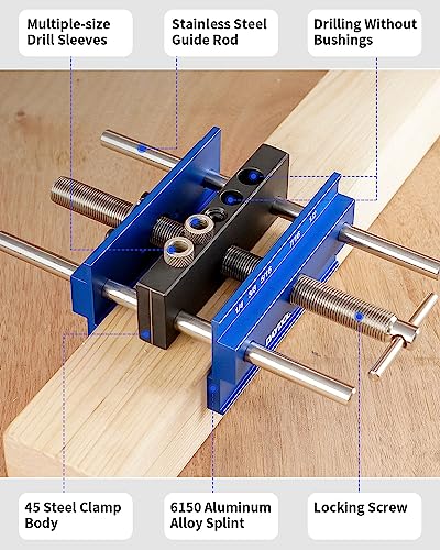 DAYDOOR Wide Capacity Self Centering Doweling Jig Kit, Adjustable Width Dowel Jig for Woodworking, 6.7inch Centering Jig for Straight Holes Biscuit Joiner Set with 6 Bushings and 3 Drill Bits(Blue)