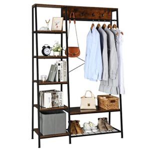 kcelarec clothing rack with hooks, clothes rack with storage shelves, freestanding clothing rack, garment rack, standing metal sturdy clothing rack, small space storage solution (style 1)