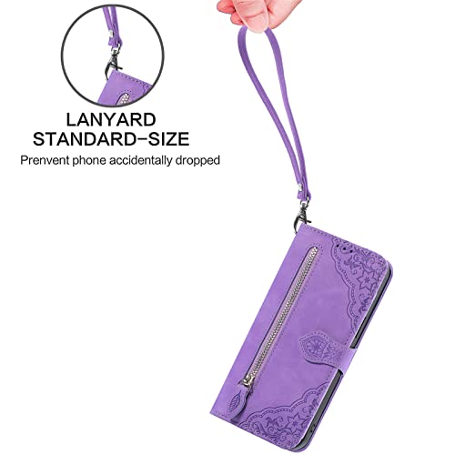 ONV Wallet Case for Oppo Realme V30 - with Zipper Wrist Strap Emboss Flower Flip Phone Case Card Slot Magnet Leather Shell Flip Stand Cover for Oppo Realme V30[SZY] -Purple