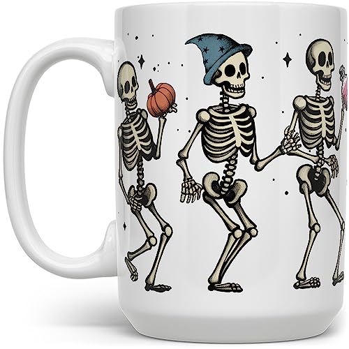 Dancing Skeleton Halloween Fall Autumn Season Coffee Mug, Spooky Pumpkin Potion Cup, Gift for Friend, Coworker (15oz)