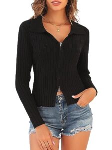 zaful women's zip up sweater long sleeve polo v neck ribbed knit slim cropped sweater pullover jumper tops (0-black, m)