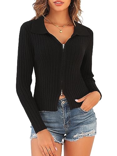 ZAFUL Women's Zip Up Sweater Long Sleeve Polo V Neck Ribbed Knit Slim Cropped Sweater Pullover Jumper Tops (0-Black, M)