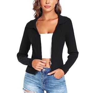 ZAFUL Women's Zip Up Sweater Long Sleeve Polo V Neck Ribbed Knit Slim Cropped Sweater Pullover Jumper Tops (0-Black, M)