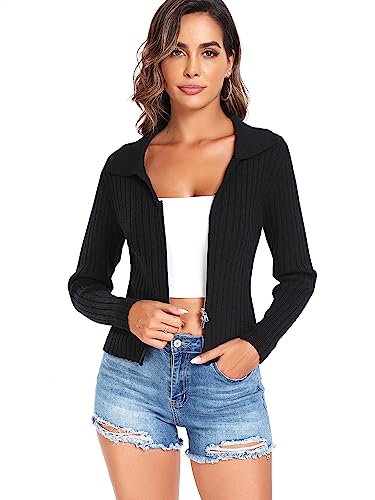 ZAFUL Women's Zip Up Sweater Long Sleeve Polo V Neck Ribbed Knit Slim Cropped Sweater Pullover Jumper Tops (0-Black, M)