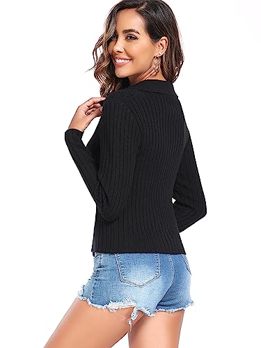 ZAFUL Women's Zip Up Sweater Long Sleeve Polo V Neck Ribbed Knit Slim Cropped Sweater Pullover Jumper Tops (0-Black, M)