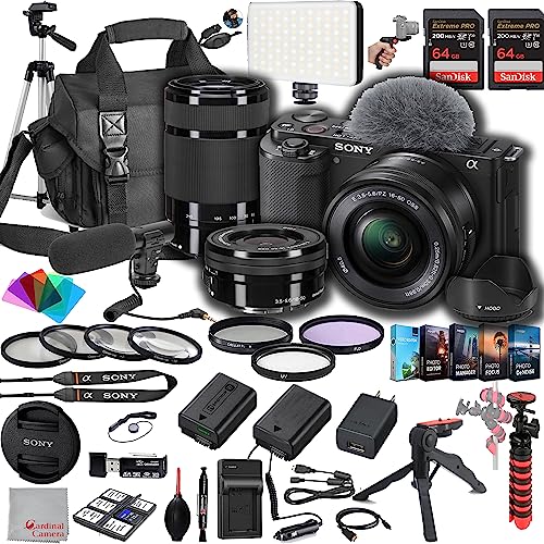 Sony ZV-E10 Mirrorless Camera with 16-50mm + 55-210mm Lenses, 128GB Extreem Speed Memory,Microphone, 120 LED Video Light, Tripod, Spare Battery & Charger -Deluxe Bundle