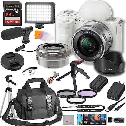 Sony ZV-E10 Mirrorless Camera with 16-50mm Lens 64GB Extreem Speed Memory,Video Microphone, LED Video Light, Case. Tripod, Filters, Hood, Grip, & Professional Video & Photo Editing Software Kit