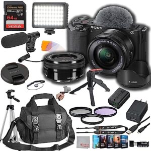 sony zv-e10 mirrorless camera with 16-50mm lens 64gb extreem speed memory,video microphone, led video light, case. tripod, filters, hood, grip, & professional video & photo editing software kit