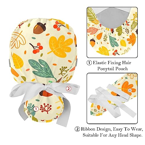 Autumn Leaves Acorns Bouffant Hat with Ribbon Ties & Buttons, 2 Packs Scrub Caps Women Long Hair, One Size Working Head Cover