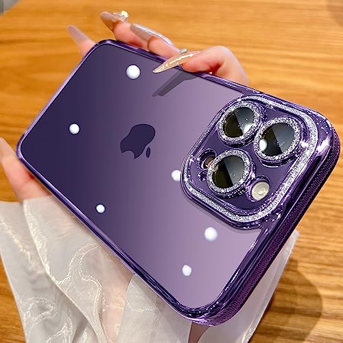 JAZZCAMEL for iPhone 14 Pro Max Case with Onepiece Glitter Camera Protector,Military Anti-Slip Gear Line, Military Drop Protection, Slim Luxury for Women Girls Men Clear Phone Case 6.7'' - Purple