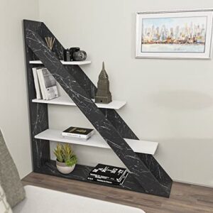 decorotika pisagor modern bookcase triangular shelf geometric design bookshelf display shelf for home or office (black marble)