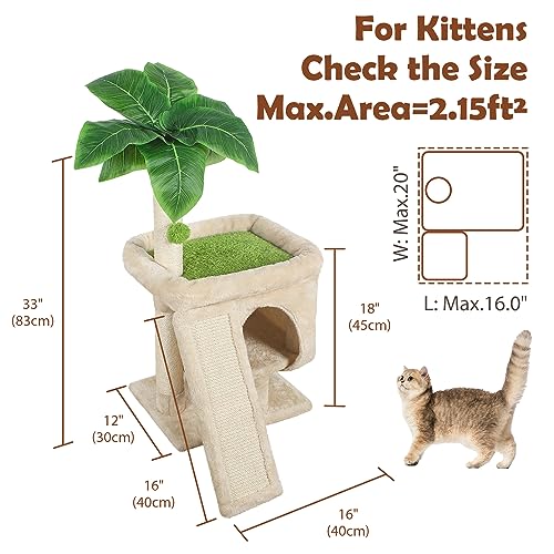 Cat Tower 33'' Cat Tree Indoor Palm Tree Large Cat Perch with Scratching Board Cat Tower with Natural Sisal Ball Furniture Pet House Play Activity Center Suitable for Adult Cats and Kittens
