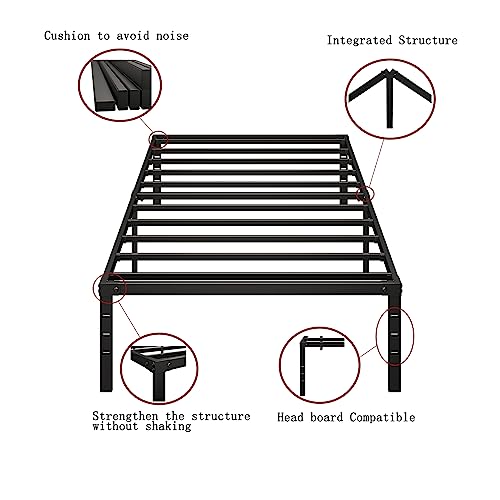Besebay Twin Size Bed Frame 14 Inch Heavy Duty Metal Frames with Steel Slats Support Ample Storage No Box Spring Needed, Easy Assembly, Noise Free, Black