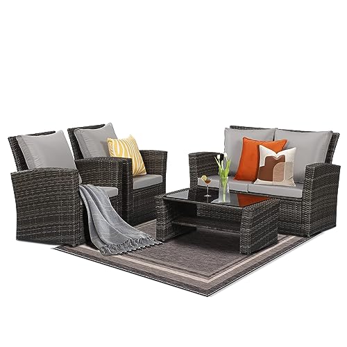 Solaste 4 Piece Patio Furniture Set, Outdoor Conversation Set, Wicker Rattan Sectional Sofa with Tempered Glass Coffee Table, Cushions for Balcony, Backyard, Front Porch, Garden, Grey