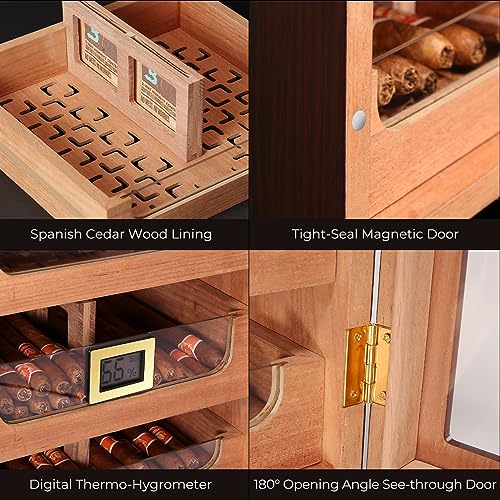 GLENCREAG Cigar Humidor Cabinet for 100 to 150 Cigars with Digital Hygrometer, Spanish Cedar Lining, Tight-Seal Magnetic Door, 3+1 Large Capacity Drawers & 2 Crystal Gel Humidifiers, Gift for Men