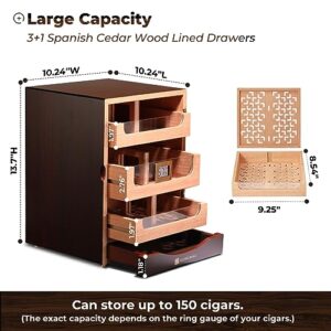 GLENCREAG Cigar Humidor Cabinet for 100 to 150 Cigars with Digital Hygrometer, Spanish Cedar Lining, Tight-Seal Magnetic Door, 3+1 Large Capacity Drawers & 2 Crystal Gel Humidifiers, Gift for Men