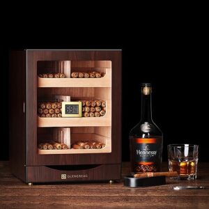 GLENCREAG Cigar Humidor Cabinet for 100 to 150 Cigars with Digital Hygrometer, Spanish Cedar Lining, Tight-Seal Magnetic Door, 3+1 Large Capacity Drawers & 2 Crystal Gel Humidifiers, Gift for Men