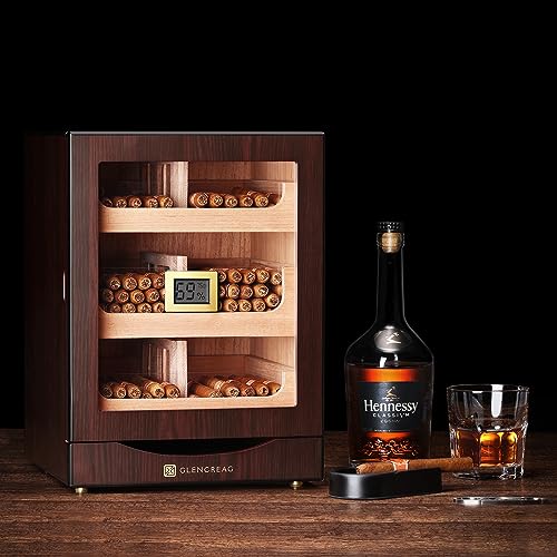 GLENCREAG Cigar Humidor Cabinet for 100 to 150 Cigars with Digital Hygrometer, Spanish Cedar Lining, Tight-Seal Magnetic Door, 3+1 Large Capacity Drawers & 2 Crystal Gel Humidifiers, Gift for Men