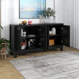 Wood Storage Cabinet, Large Storage Space Sideboard, 4 Door Buffet Cabinet with Pull Ring Handles for Living Room, Dining Room, Easy Assembly (Black)