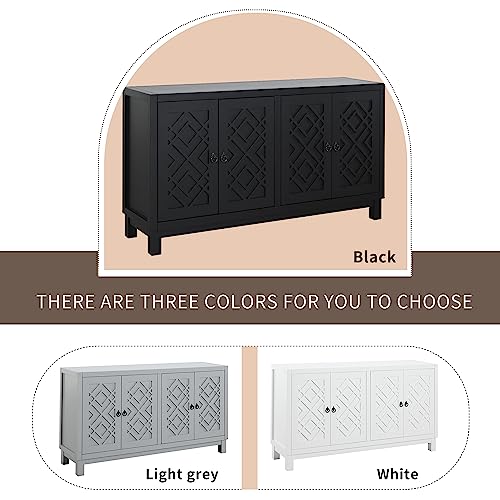 Wood Storage Cabinet, Large Storage Space Sideboard, 4 Door Buffet Cabinet with Pull Ring Handles for Living Room, Dining Room, Easy Assembly (Black)