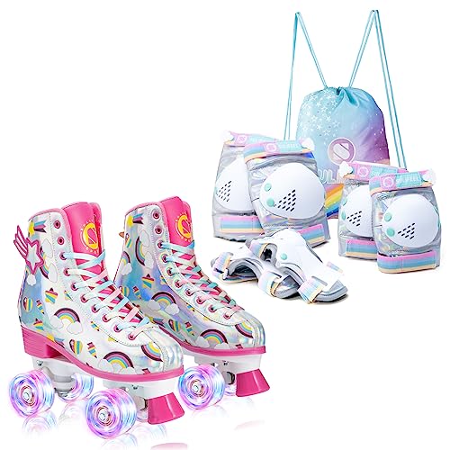 SULIFEEL Rainbow Roller Skates for Kids Size J13 with Adjustable Protective Gear Set Shiny Small