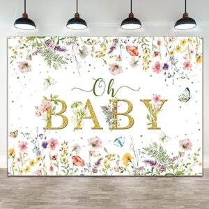 wollmix baby shower backdrop decorations for girl oh baby banner sign pink floral flowers butterfly gold dots photography background newborn party decor photo booth props supplies studio 7x5ft