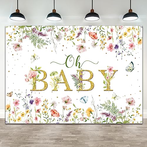 Wollmix Baby Shower Backdrop Decorations for Girl Oh Baby Banner Sign Pink Floral Flowers Butterfly Gold Dots Photography Background Newborn Party Decor Photo Booth Props Supplies Studio 7x5ft