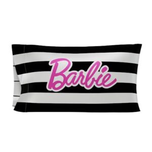 franco collectibles barbie movie black & white striped beauty silky satin standard pillowcase cover 20x30 for hair and skin, (official licensed product)