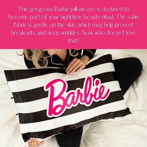 Franco Collectibles Barbie Movie Black & White Striped Beauty Silky Satin Standard Pillowcase Cover 20x30 for Hair and Skin, (Official Licensed Product)