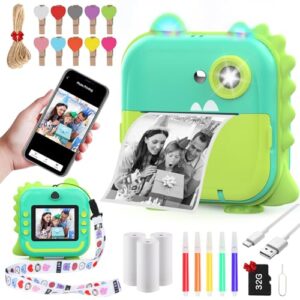 instant print camera for kids,inkless sticker printer for girls boys age 3-12, hd digital video cameras, mini thermal printer kid toy gifts with 3 rolls photo paper, 5 color pens, 32gb card-green