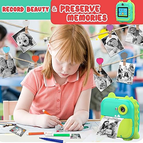 Instant Print Camera for Kids,Inkless Sticker Printer for Girls Boys Age 3-12, HD Digital Video Cameras, Mini Thermal Printer Kid Toy Gifts with 3 Rolls Photo Paper, 5 Color Pens, 32GB Card-Green