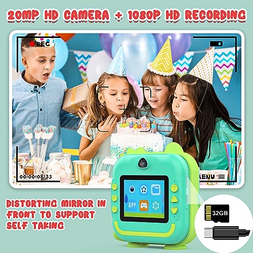 Instant Print Camera for Kids,Inkless Sticker Printer for Girls Boys Age 3-12, HD Digital Video Cameras, Mini Thermal Printer Kid Toy Gifts with 3 Rolls Photo Paper, 5 Color Pens, 32GB Card-Green