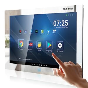 haocrown 15.6 inch small waterproof tv for bathroom showe kitcken, smart touch screen mirror television built-in android 11 system 2.4g/5g wi-fi bluetooth (hg156bm, 2023)
