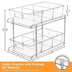 Fabspace Pull-out Home Organizer, 2 Pack 2 Tier Clear Bathroom Organizer with Dividers, Multipurpose Vanity Counter Tray, Kitchen, Closet Organizers, Cabinet & Storage Container Bins